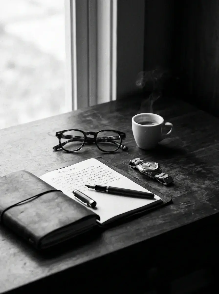 Desk with notebook and coffee